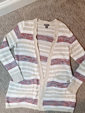 Eddie Bauer Striped Open-Front Cardigan - Cream, Beige, Rust